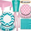 Disposable Tableware, 40 Sets - Caribbean Teal and Lovely Pink - Chevron Dinner Plates, Dotted Dessert Plates, Cups, Lunch Napkins, Cutlery, and Tablecloths:  Party Supplies Set