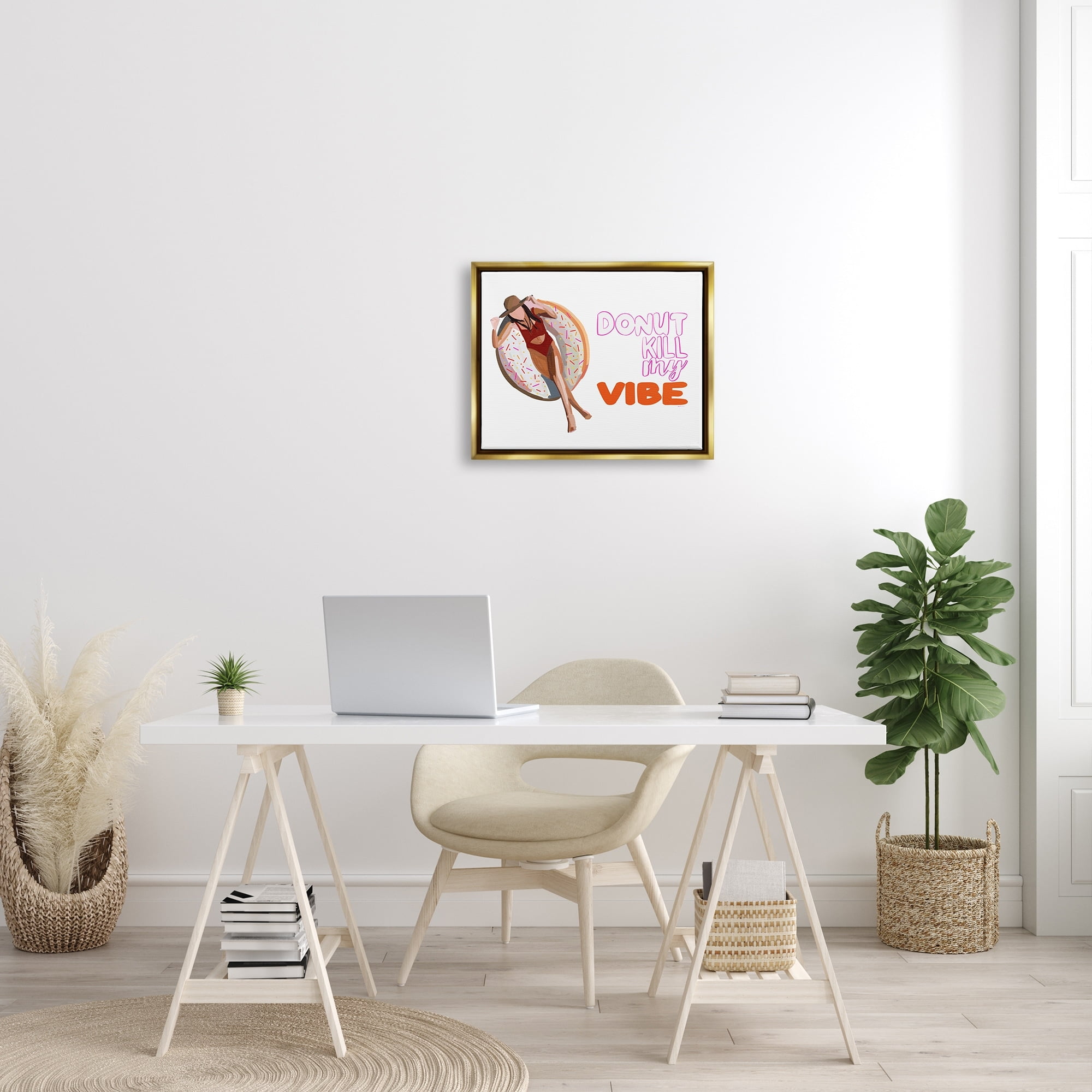 Stupell Industries Donut Kill My Vibe Relaxing Pool Float Girl Graphic Art Metallic Gold Floating Framed Canvas Print Wall Art, Design by Amelia Noyes