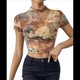 thumbnail image 3 of Top Corto de con Estampado para Mujer, Corta, Cuello Alto, Ajustado, con Ribete en Forma de Lechuga, Transparente, para Salir Ámbar L, 3 of 9