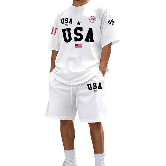 IWRICH Men's Independence Day 4th of July Outfits USA Flag Patriot Short Sleeve Shirts and Shorts Set 2 Piece Athletic Jogging Tracksuits White XL