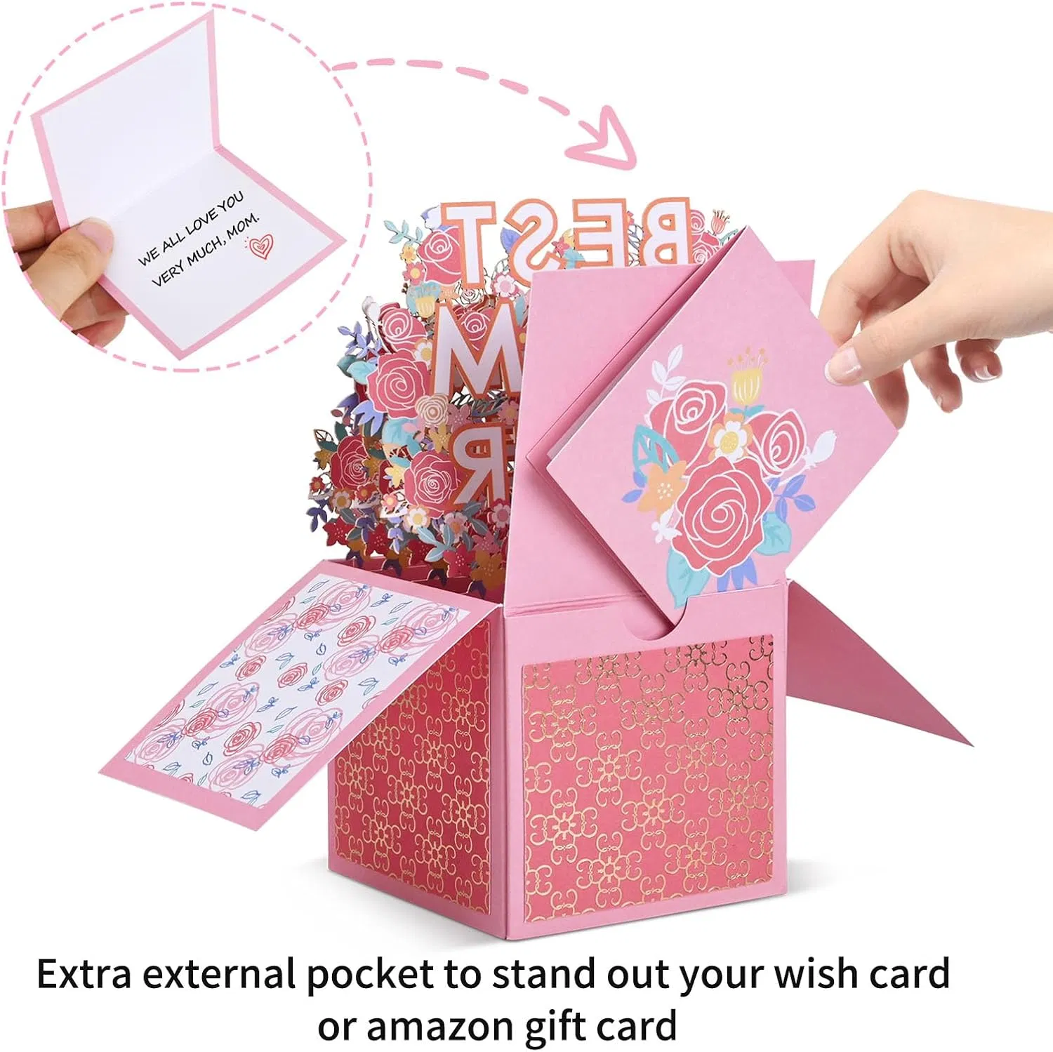 Pink 3D Pop-Up Mother’s Day Card, Best Mom Ever Flower Greeting Card with Envelope & Notecard for Mom Birthday