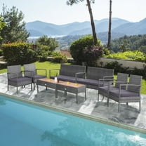 Costway 8PCS Patio Rattan Furniture Set Cushioned Chair Wooden Tabletop Gray