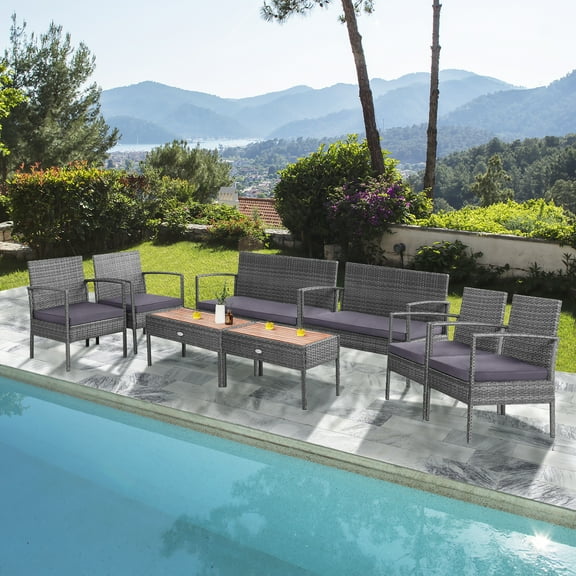 Costway 8PCS Patio Rattan Furniture Set Cushioned Chair Wooden Tabletop Gray
