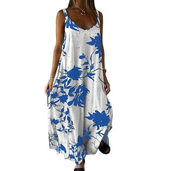 Women Summer Spaghetti Strap Sleeveless V Neck Sundress Boho Floral Vacation Maxi Suspender Dress  Blue L