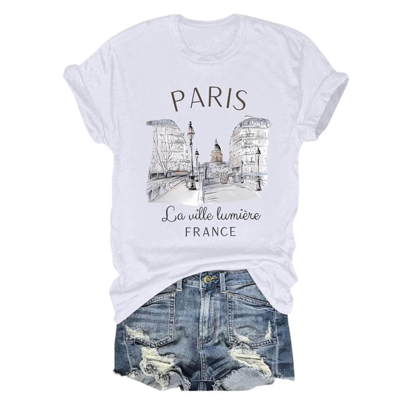 Trendfront Womens Paris Letter Graphic Tee Short Sleeve Crewneck Minimalist T Shirts French Theme Printed Summer Basic Everyday Casual Regular Fit Top