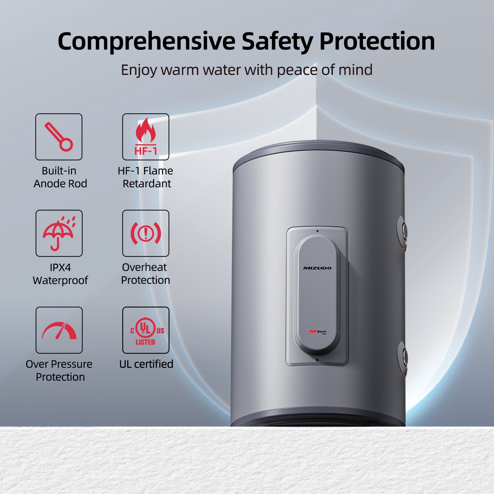 MIZUDO Tank Water Heater Electric, 10 gallon of Use Hot Water Heater with T&P Valve, 120V 1500W UL Listed