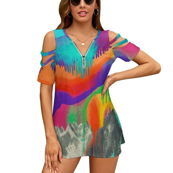 Skyfall Melting Northern Lights Lotus Leaf Neck T-Shirt Long Sleeve Women'S T Shirt Elegant Fashion Tops & Tees Landscape