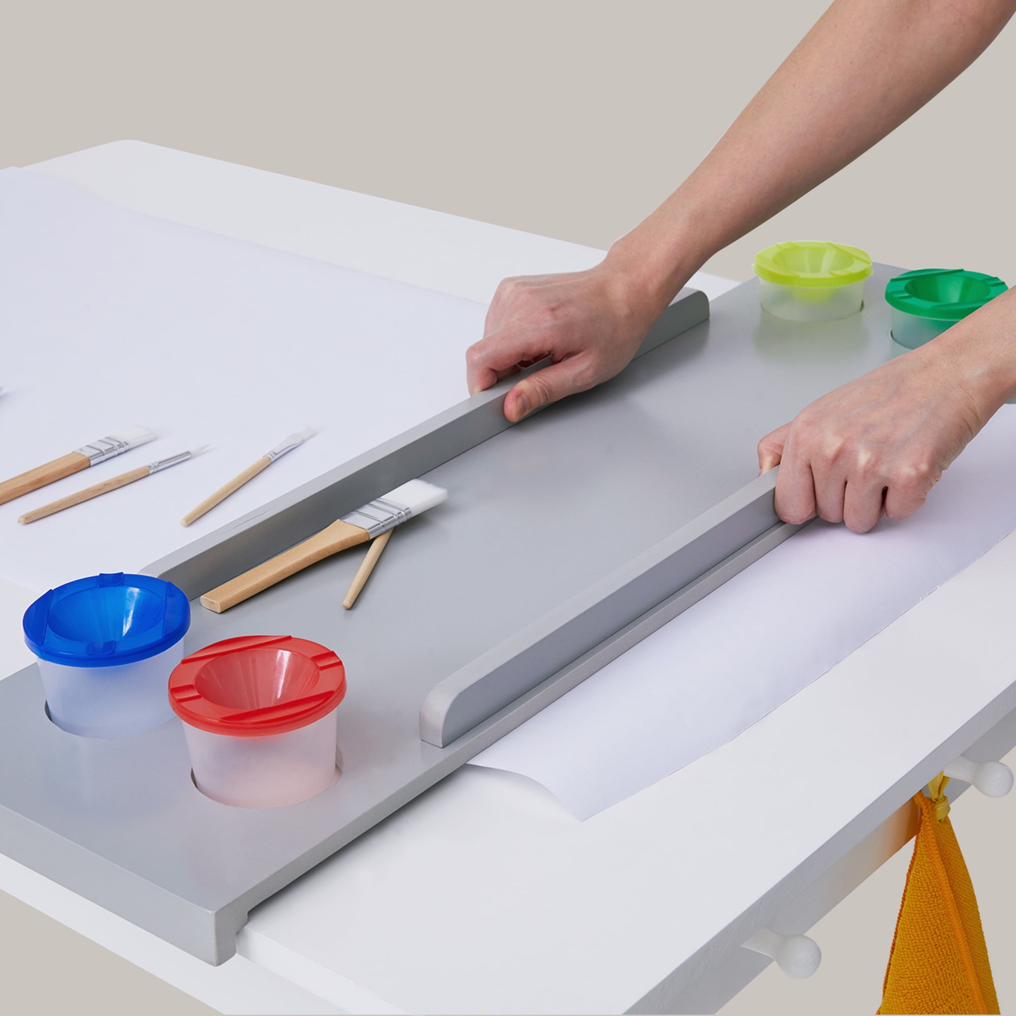 Teamson Kids Little Artist Monet Kids' Play Art Table with Chair and Storage Bench Seat, White/Gray