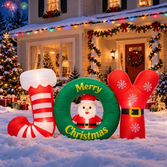 Glazina 7ft Wide Christmas Inflatable JOY with Santa Claus, LED Lights, Christmas Blow Up for Outdoor Decoration