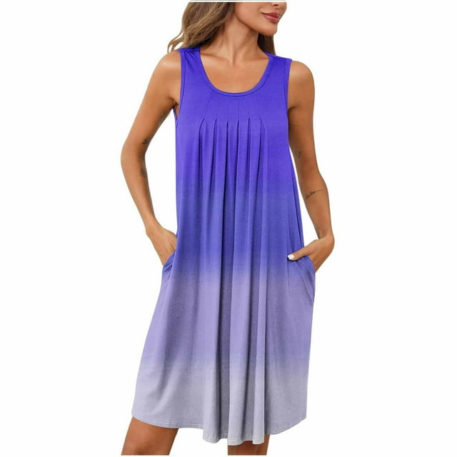 Tranfacy Robes pour Femmes, Chemises de Nuit pour Femmes, Chemises de Sommeil à Imprimé pour Femmes avec Poches Sans Manches Vêtements de Nuit Chemise de Nuit à Plis devant Col Rond Robe de Nuit