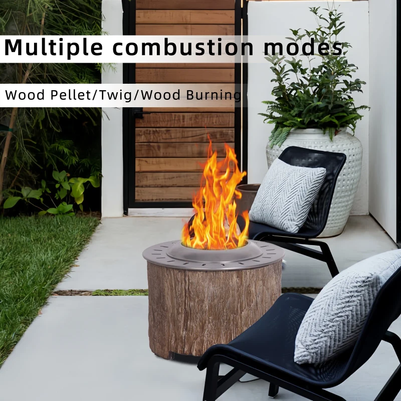 Afterglow Smokeless Fire Pit, 20.5" Round Wood Burning Stainless Steel Top and TerraFab Material Base,Firepit with Weather Cover Perfect for Outdoor Patio Garden, Woodgrain Brown