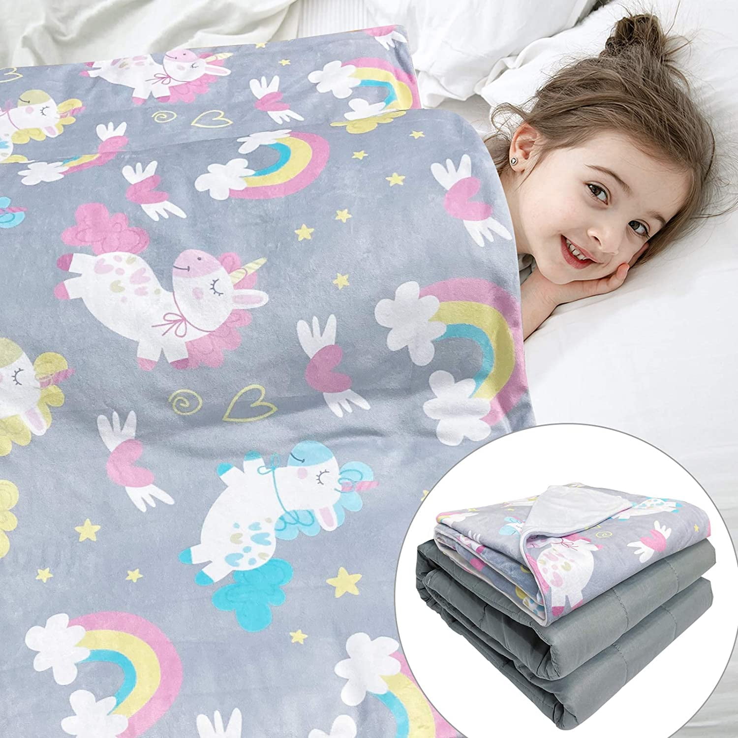 SHTUUYINGGSolfres Couverture lestée pour enfants avec couette et housse en  coton, 7 lb, 41 x 60 pouces, couverture lourde à imprimé licorne  arc-en-ciel gris dessin animé pour enfants et adol