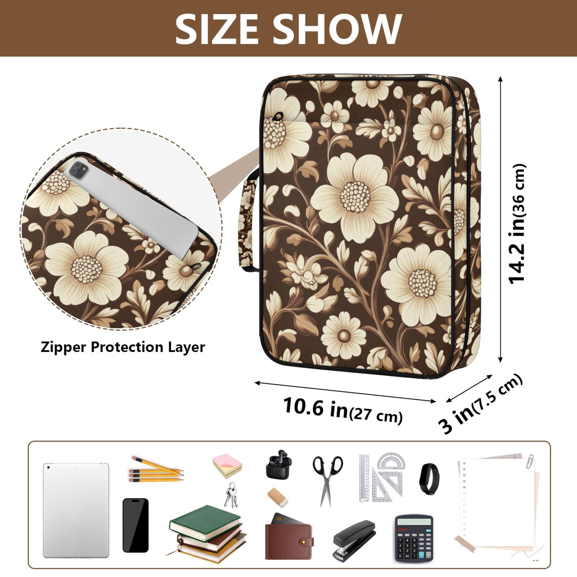 FORMRS Accordion File Folder A4 Size 7-Pocket Expanding Document Organizer Bag with 3 Ring Binder, Brown Floral