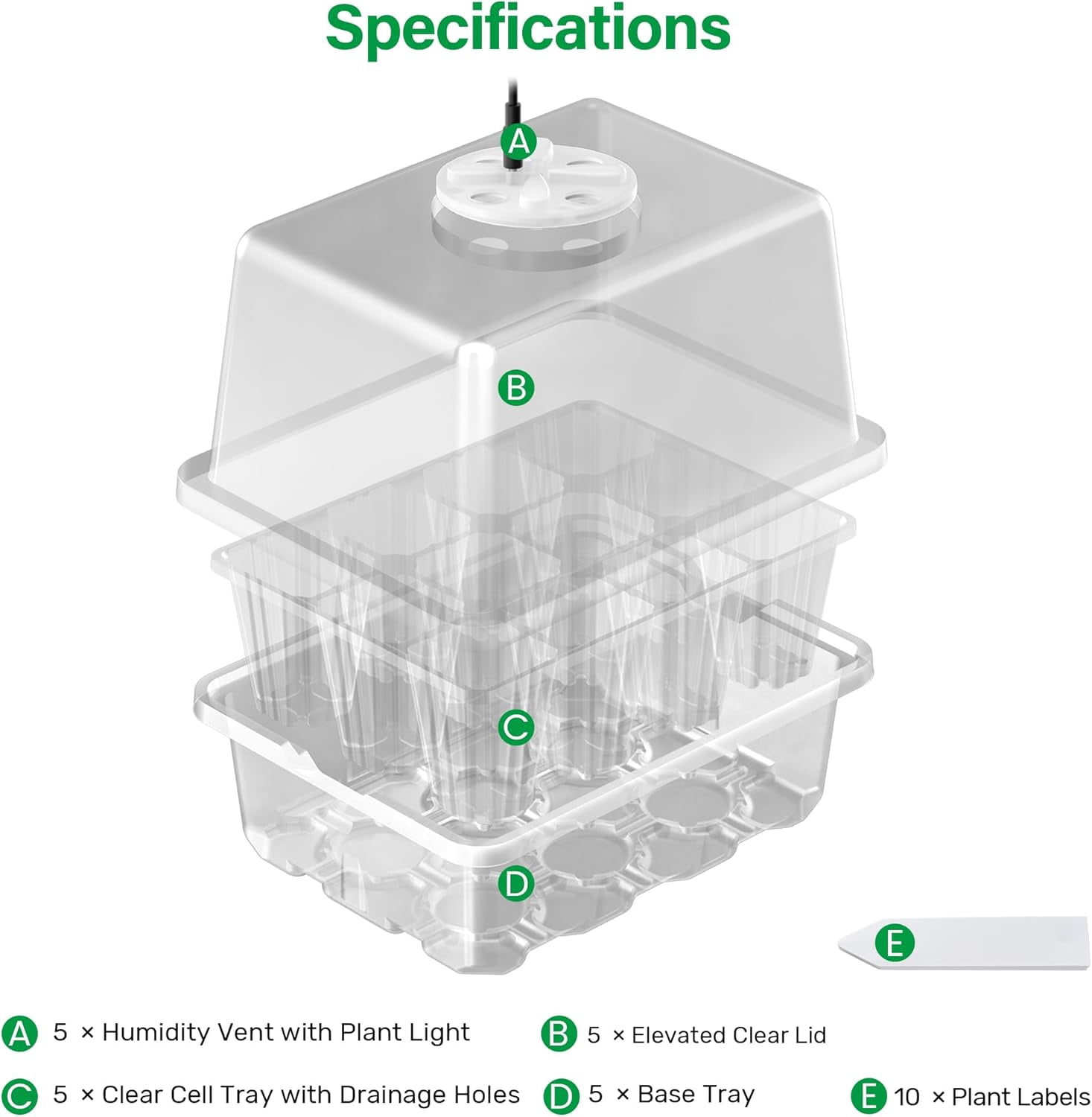 2-Pack Seed Starter Tray with Plant Light, Elevated Seedling Starter Trays Kits with Adjustable Humidity Domes and Clear Cell Tray, 12 Full Spectrum Led Lamp Beads for Plants Indoor-Clear