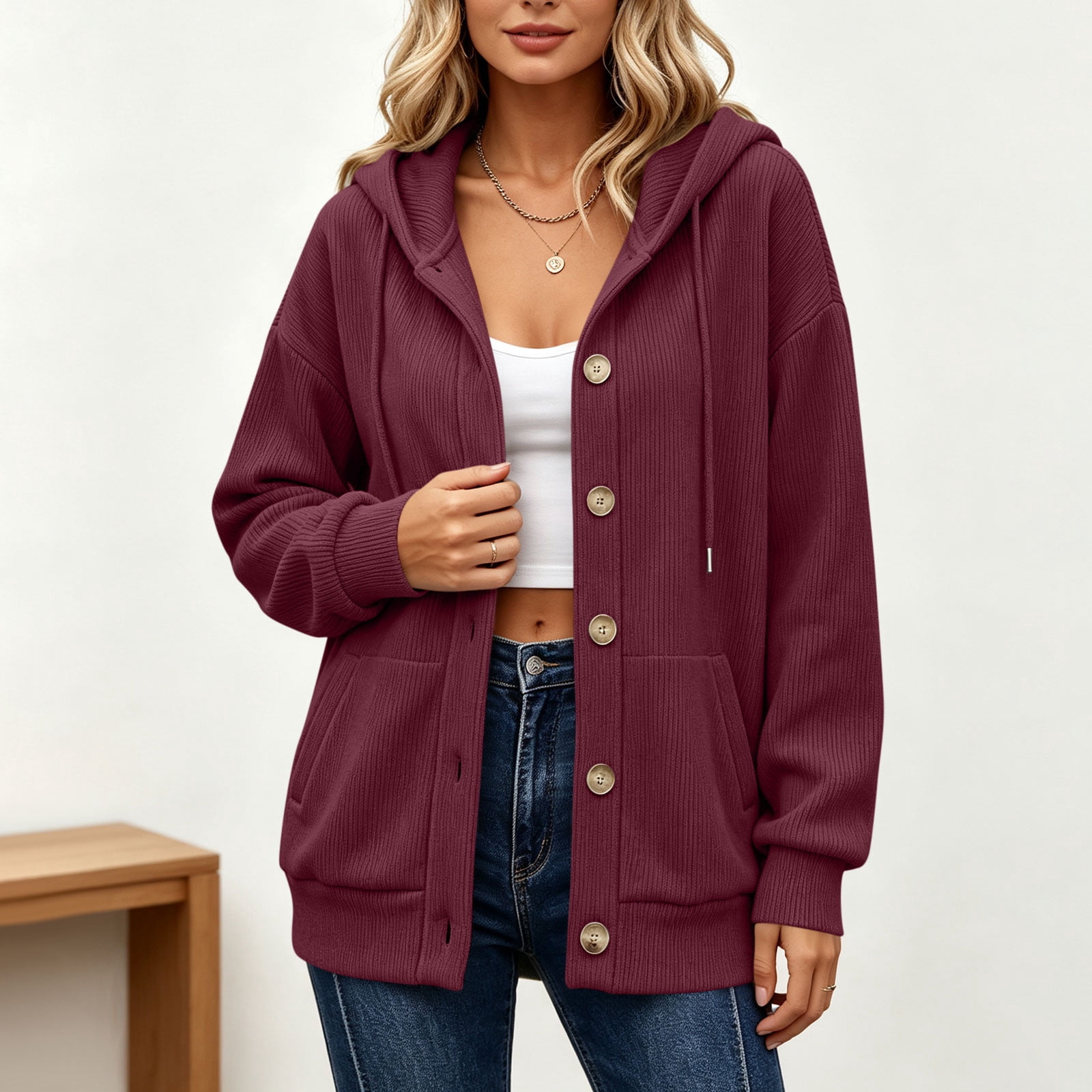 Mineart Women Long Sleeve Ribbed Texture Shacket Jacket Button Down Hooded Coats Cardigan Outerwear