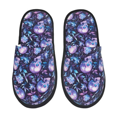 Balery Blue Skull Crystal Slient Indoor Furry Fleece Comfort House Shoes Soft Non-Slip Home Shoes Cotton slippers House Slippers-- Large