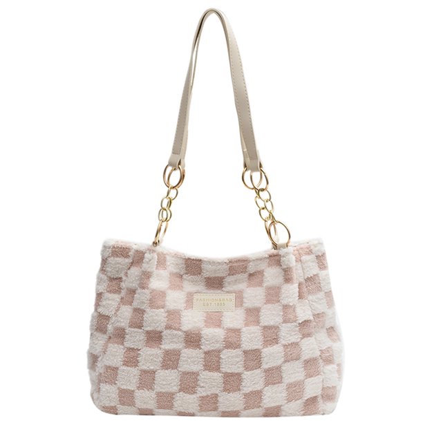 Bolso de hombro informal y esponjoso para mujer, bolso a cuadros para otoño e invierno