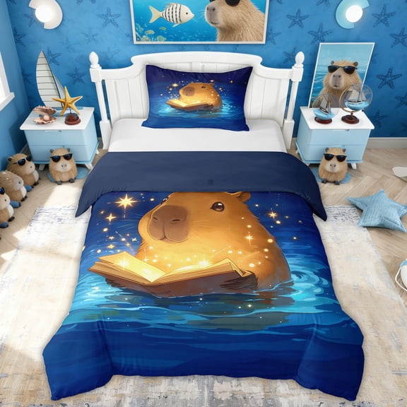 Erosebridal Kids Cartoon Capybara Twin Bedding, Galaxy Stars Duvet Cover Set, Blue Reversible, 2pcs, No Comforter