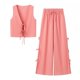 thumbnail image 3 of HH TRAF Conjunto de 2 piezas de verano para mujer, chaleco con lazo y cuello en V sin mangas de dos colores lisos y pantalón largo con cintura elástica para mujer, 3 of 4