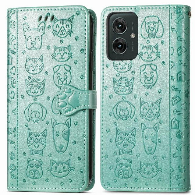 Funda Cartera FOXDOCK para Motorola Moto G35 , Flip PU con Relieve de Gatos y Perros, Tarjetero y Soporte