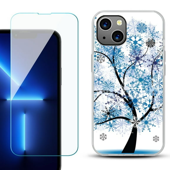 Slim-Fit Gel TPU Phone Case for iPhone 14, with Tempered Glass Screen Protector, by OneToughShield ® - Snowflakes Tree