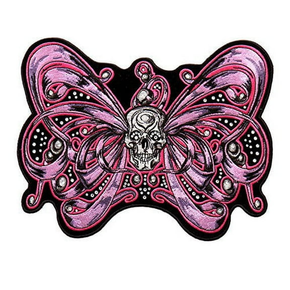 BOW SKULL Accented with Rhinestones, High Thread Embroidered Iron-On / Saw-On Rayon PATCH - 8" x 7"