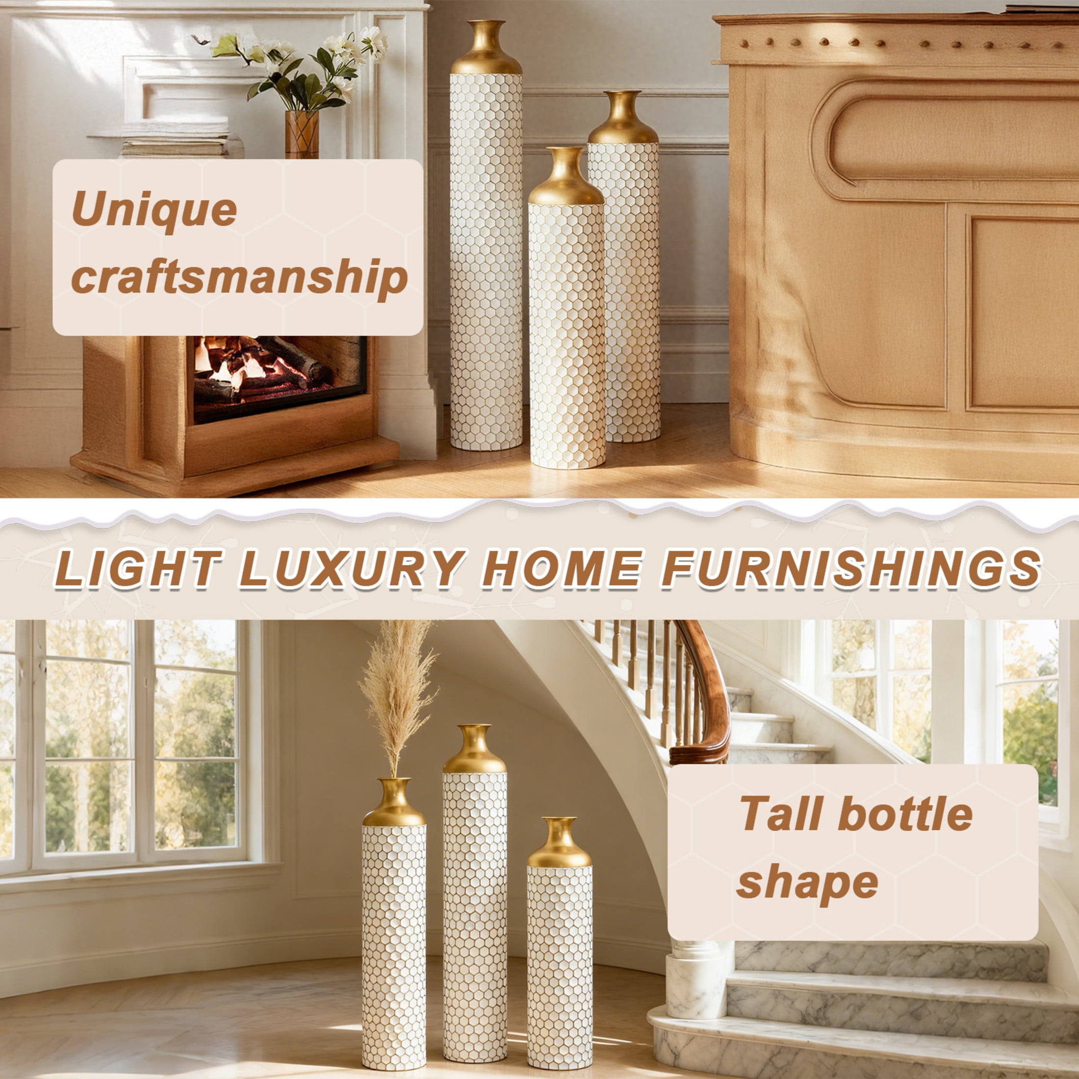 Noble House 3-Piece Metal Floor Vase Set, Textured Honeycomb Pattern, Gold + White