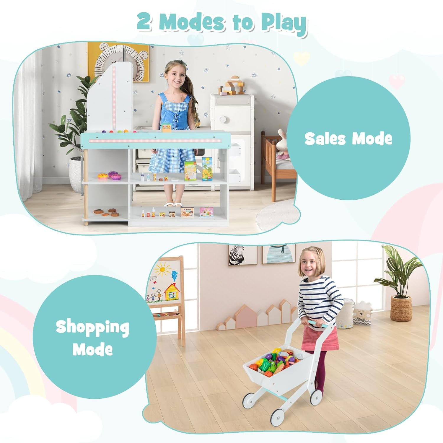OLAKIDS Kids Grocery Store Playset, Wooden Pretend Play Supermarket with LED Lights Manual Conveyor Belt Play Food Accessories Blackboard Cash Register, Market Stand Toy for Toddler Boys Girls