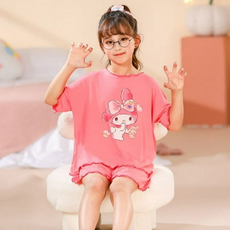 

Sanrio Kawaii Cinnamoroll Children Pajamas Cute Anime Kuromi My Melody Short Sleeve Girl Sleepwear Summer Cartoon Home Clothes