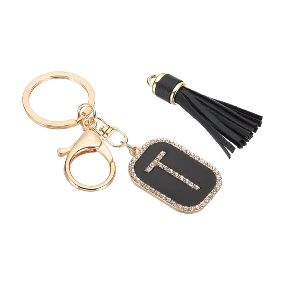 Uxcell Initial Letter Key Chain, Cubic Zirconia Crystal Alphabet Keychains Letter T Tassel Pendant Keyring, Black/Gold