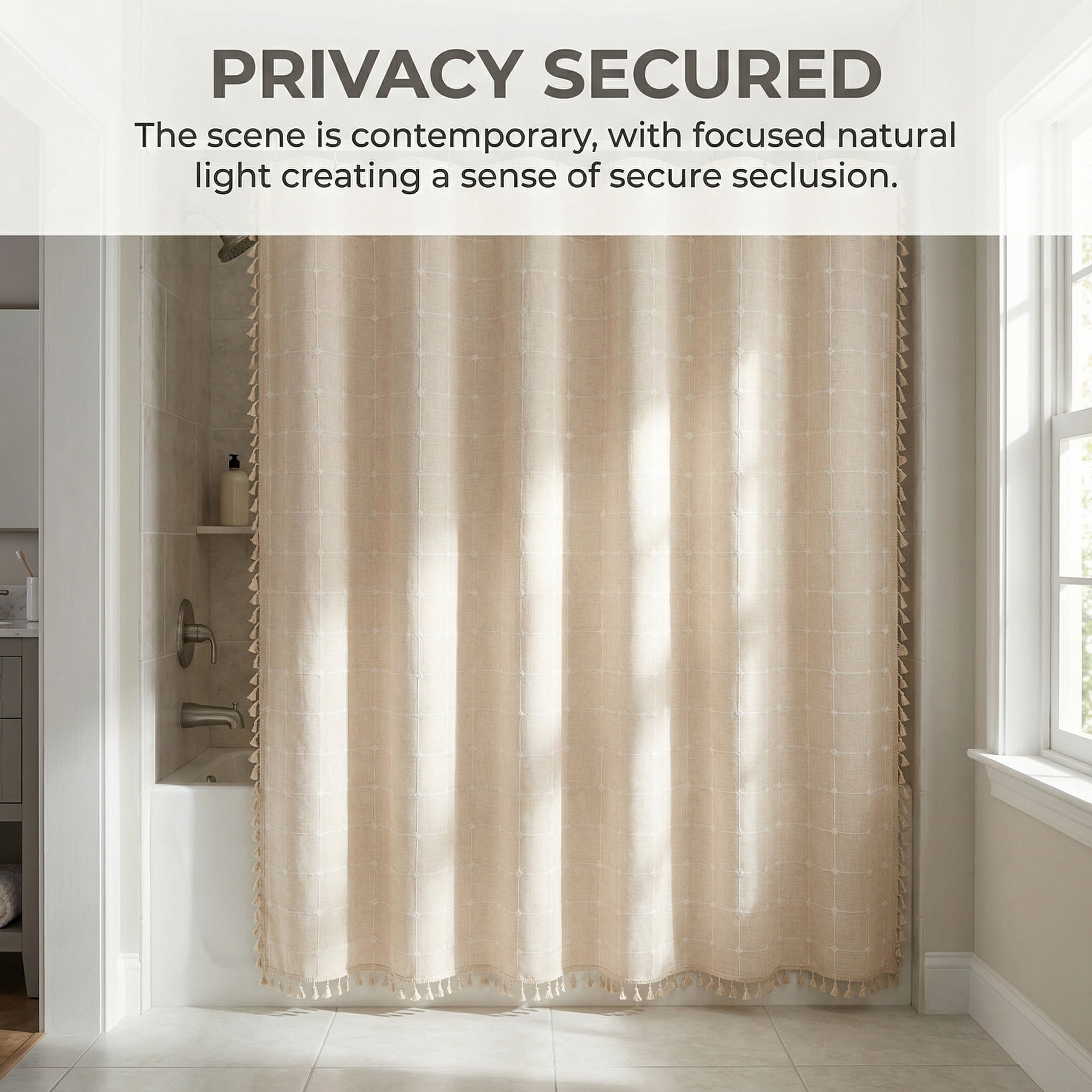 Unique Bargains Boho Plaid Blend Shower Curtain Sets with Hooks Beige 72"W x 72"L