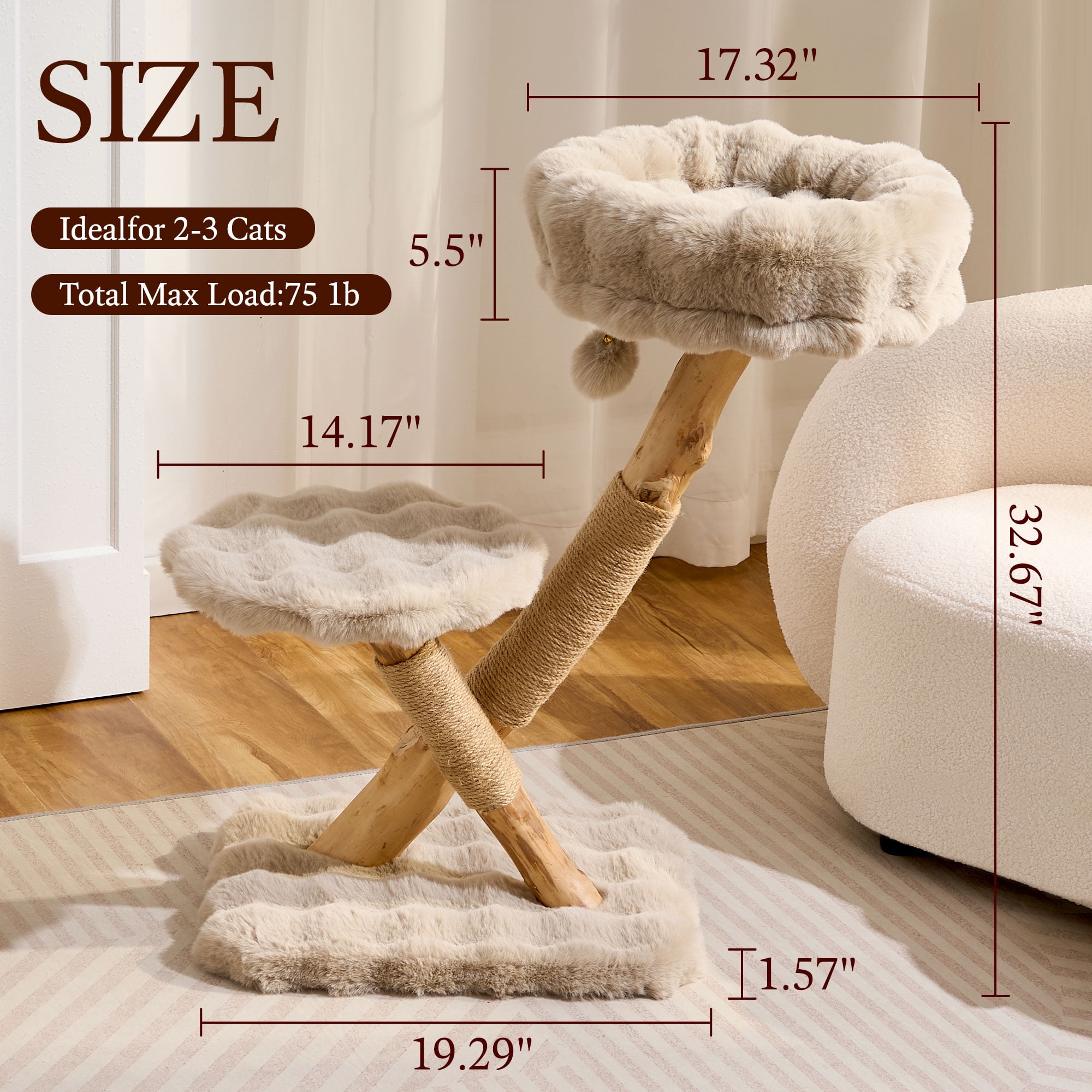 HITTITE Natural Solid Wood Cat Tree Tower with Scratching Post, 32 Inches Tall Modern Cat Tower with Cozy Bed and Platforms, Luxury Real Branch Cat Tree for Indoor Cats Large Adult, Khaki.