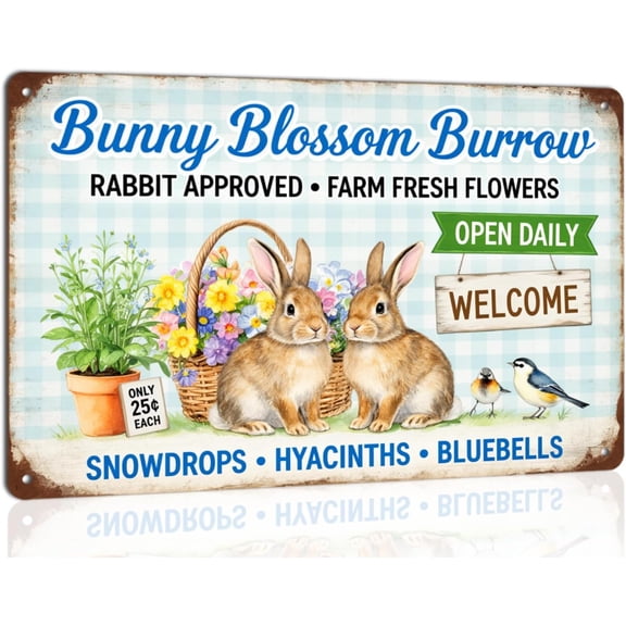 Metal Tin Sign Retro Rabbit Farm Fresh Flowers Wall Decor Vintage Art for Home Garden Patio Farmhouse Spring Easter Decoration 8x12 Inch
