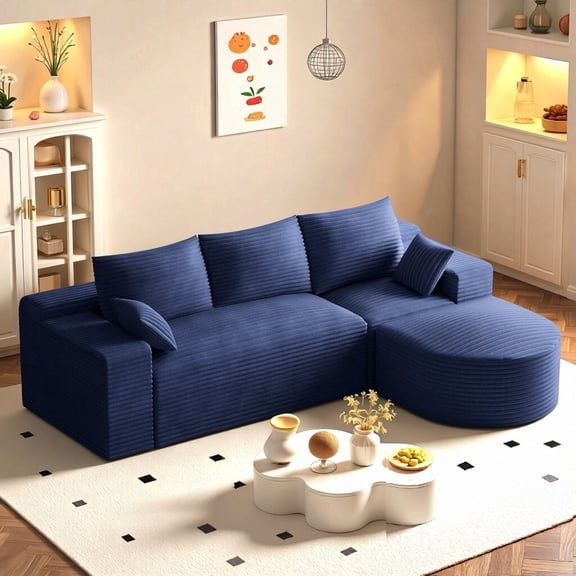 Wiilayok 108" L Shaped Sectional Sofa,Corduroy Modular Cloud Sectional Couch with Ottoman,Boneless Deep Seat Sofa for Living Room Bedroom,Blue