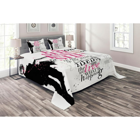 Ambesonne Eiffel Tower Quilted Coverlet 3 Pcs, Paris Girl Words, Queen Size, Black Pink