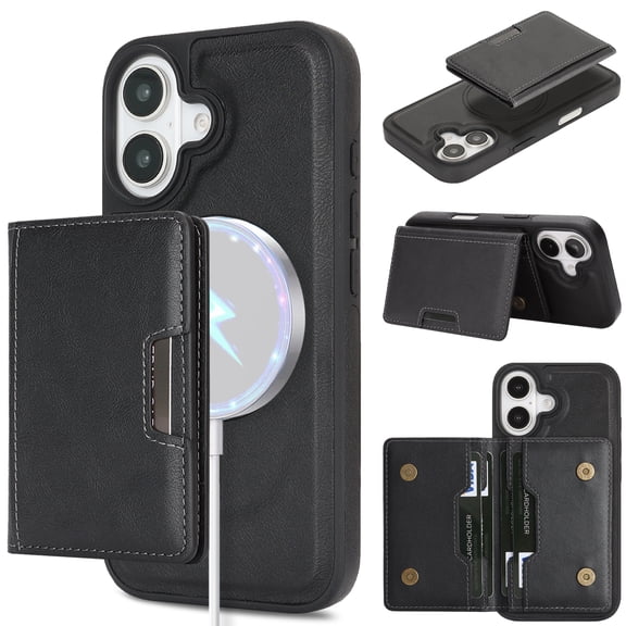ELEHOLD Wallet Case for iPhone 16, Shockproof Magnetic Leather Case with Card Holders & Stand,Black