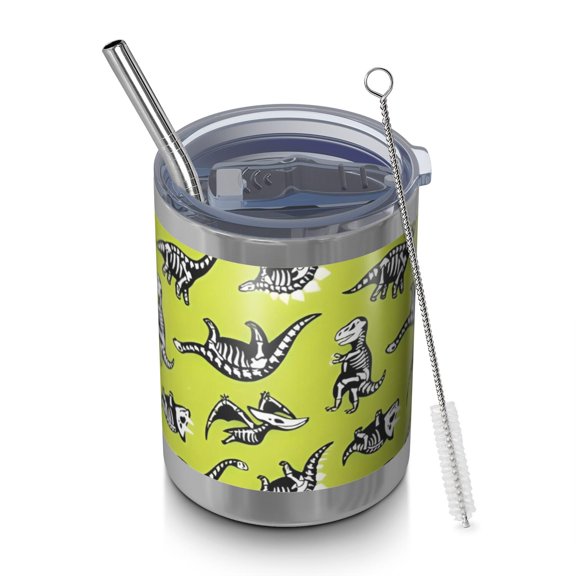 12oz Tumblers Green Dinosaurs Skeletons Pattern Vacuum Insulated Stainless Steel Travel Tumbler Cups Mug with Lid and Straw for Beer,Coffee,Beverages with Cleaning Brush for Cold & Hot Drinks