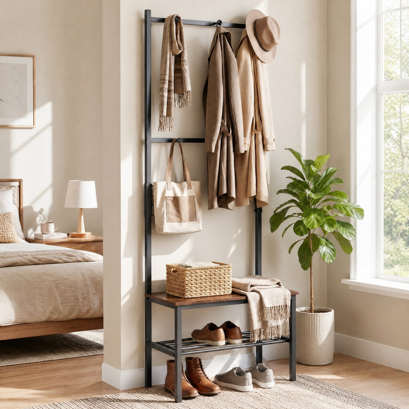 Furnibear 3 in 1 Freestanding Entryway Hall Tree with Bench and Hooks and Shoe Storage for Mudroom and Hallway, Rustic Brown