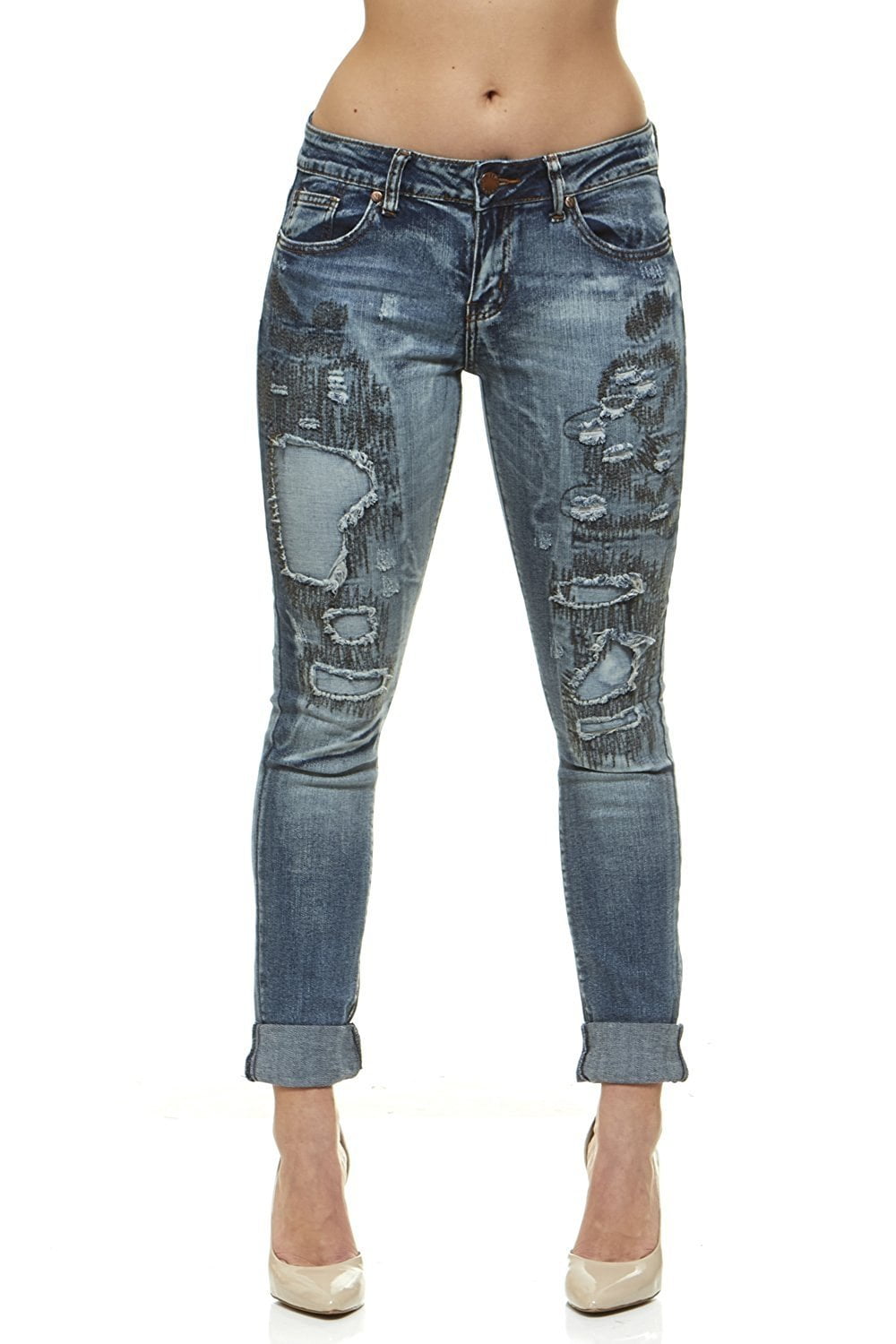 New Ladies Women Extreme Distressed Knee Ripped Boyfriend Jeans Relax Fit 6-14