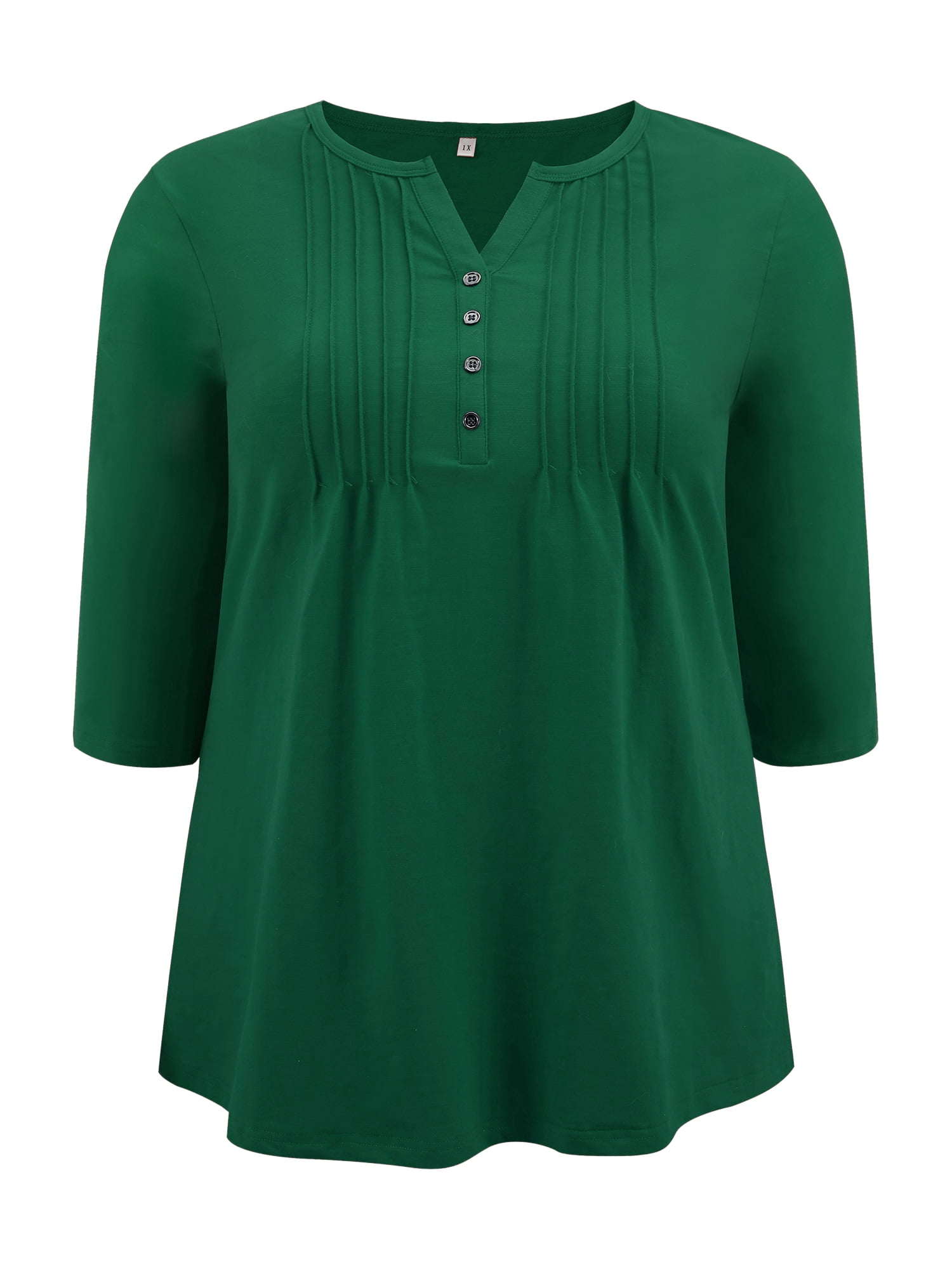 Women's Plus Notched Neck 3/4 Sleeve Front Pleated Button Decor Blouses Dressy Casual 1X Dark Green