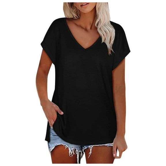 XIYON Womens T Shirts Ladies Solid Color V Neck Slit Tee Casual Short Sleeve Top Loose Fit Tshirts