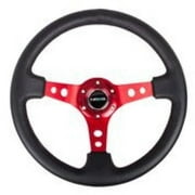 NRG Reinforced Steering Wheel (350mm / 3in. Deep) Blk Leather w/Red Circle Cutout Spokes - RST-006RD