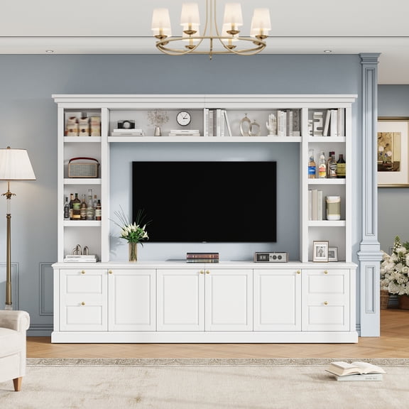 All-in-One Modern TV Stand with Bookcase for TVs up to 70 inch, Entertainment Center with 3 Adjustable Shelves, for Living Room, Display Storage Cabinet, Ample Storage Space TV Stand