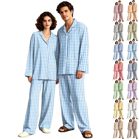 Matching Pjs for Couples Button Down Long Sleeve Sleepwear His and Her Matching Pajamas Plaid Soft Couples Matching Outfits Loungewear Sky Blue L
