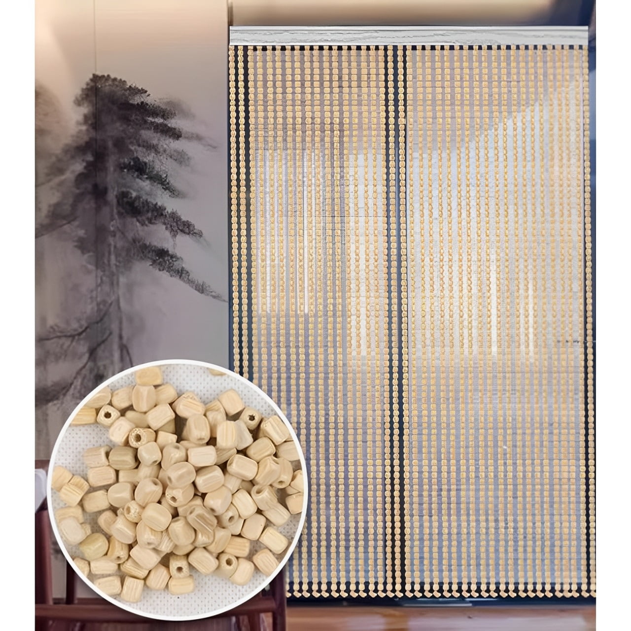 Bamboo Bead Curtain for Doors, Hanging Durable Door Curtain, Hanging Fly Curtain, Decorative Wooden Bead Curtain, for Room/Window/Hallway Entrance