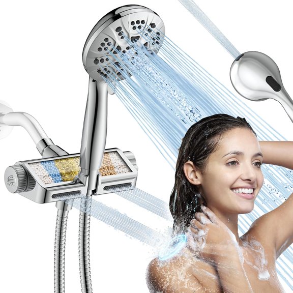 JDO High Pressure Dual Shower Head with Filter, 7+1 Modes Handheld Showerhead with Stainless Steel Hose, 3-In-1 Luxury Spa System With Massage Setting