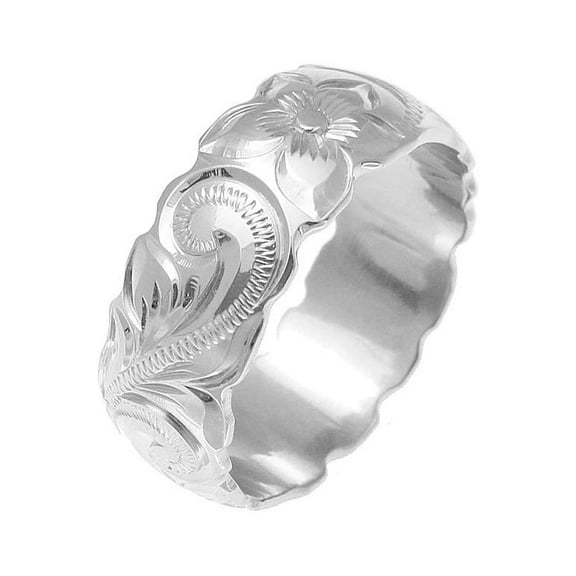 14k white gold hand engraved Hawaiian plumeria scroll band ring cut out edge 8mm size 9.5