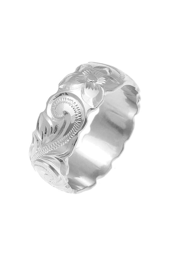 14k white gold hand engraved Hawaiian plumeria scroll band ring cut out edge 8mm