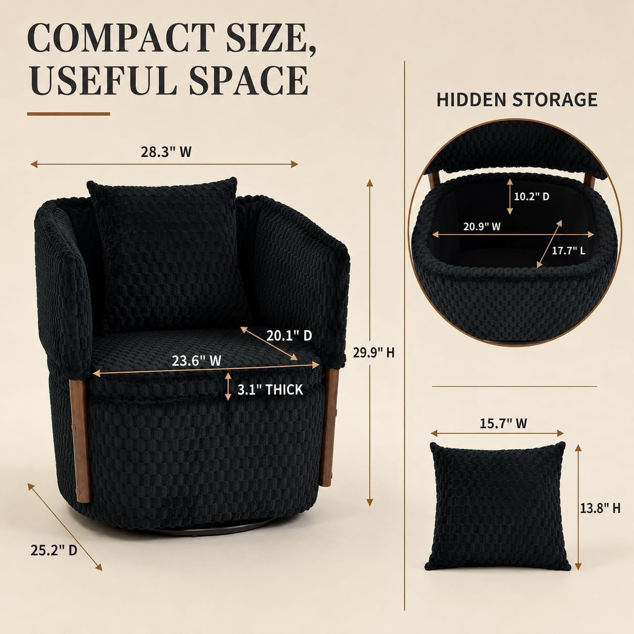 MOONIMSS 360°Swivel Accent Chair, Corduroy Vanity Chair with Storage,Black