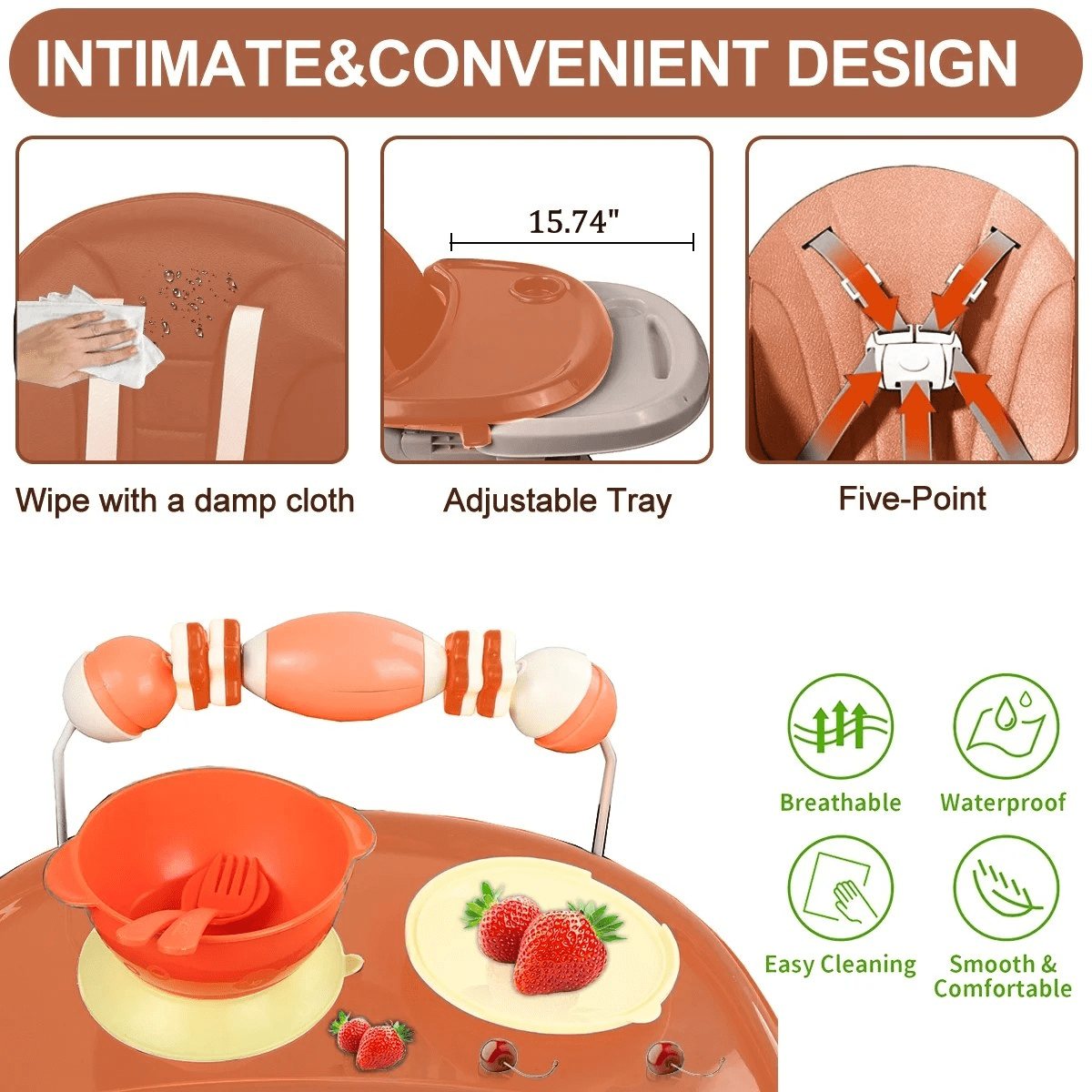 JieC 3 in 1 Baby High Chair, Foldable Baby Feeding Chair, For Infants and Toddlers 0-24 Months,Brown